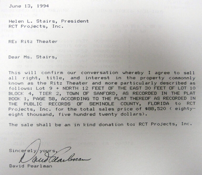 1994 June 13, Letter from David Perlman donating the building to the Ritz Community Theater Project, Inc., Courtesy the Museum of Seminole County History