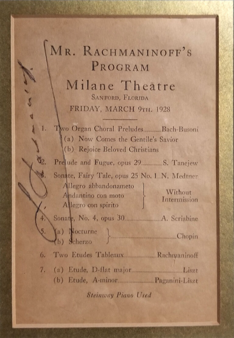 1928 March 9, Sergei Vasilyevich Rachmaninoff autographed program. He was widely considered one of the finest pianists of his day. Courtesy Ritz Theater Community Project, Inc.